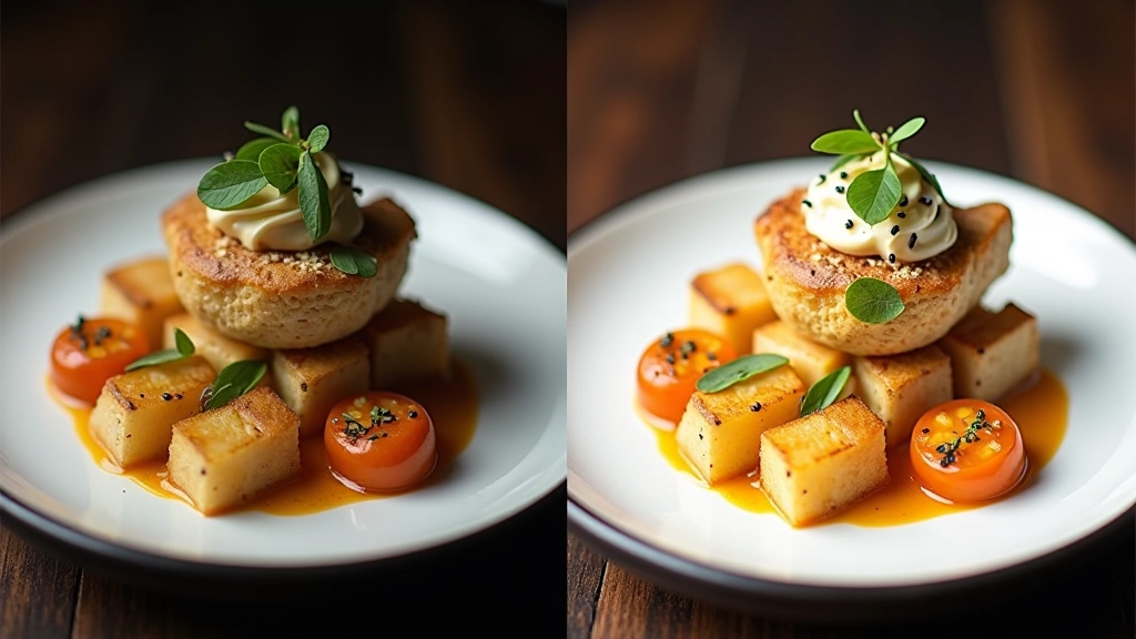 Voor en na foto's van dezelfde schotel: linker onbewerkt en donker, rechter met subtiele contrast en kleurcorrectie