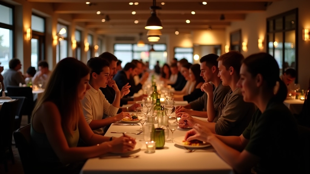Restaurant vol met gasten aan tafels, vriendelijke atmosfeer met warm licht en bediening die bezig is