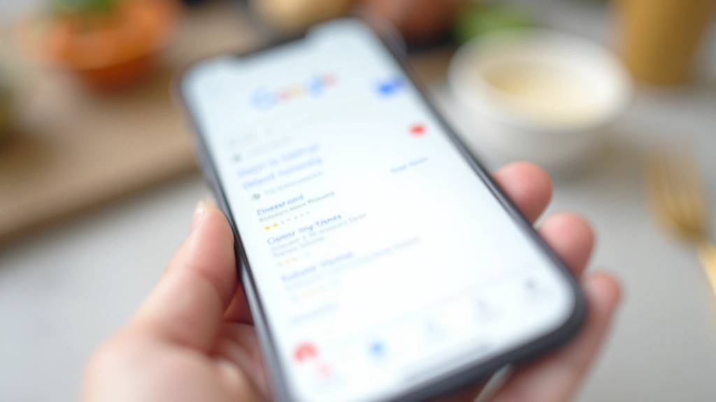 Smartphone toont Google zoekresultaten voor lokale restaurant zoekterm met sterren rating zichtbaar