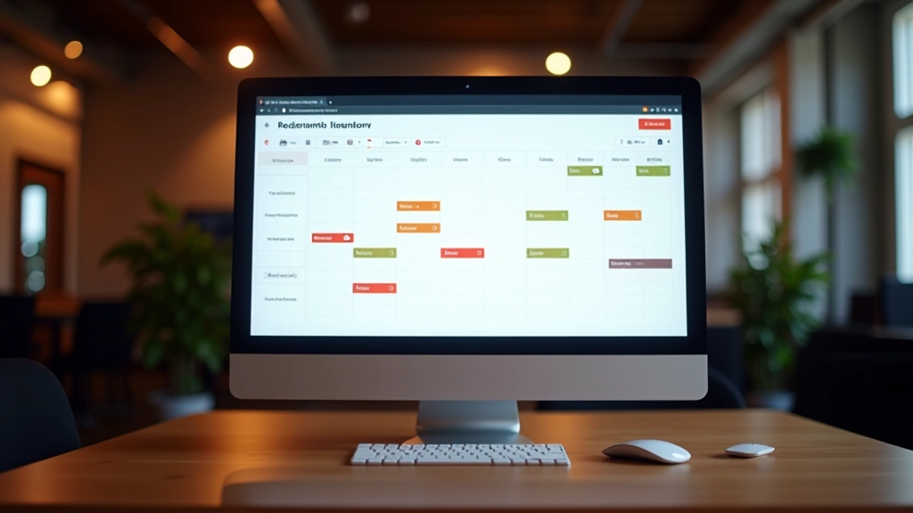 Restaurant reserveringskalender op computerbeeldscherm met gekleurde tijdslots en klantgegevens