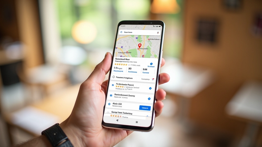 Google Maps zoeken met restaurant locatie en reviews op mobiel scherm