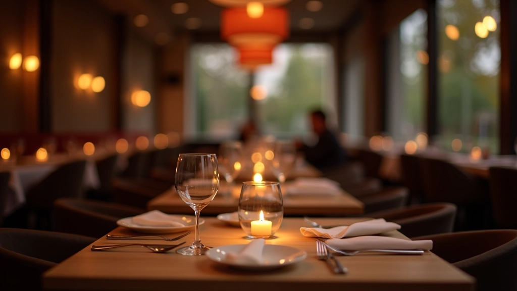 Professioneel restaurant interieur met sfeervolle verlichting en elegant tafeldecor