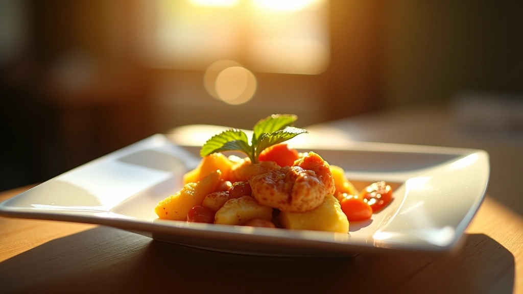 Natuurlijk licht vallend op een bord met gereed gerecht, zachte schaduwen, restaurant raam op achtergrond
