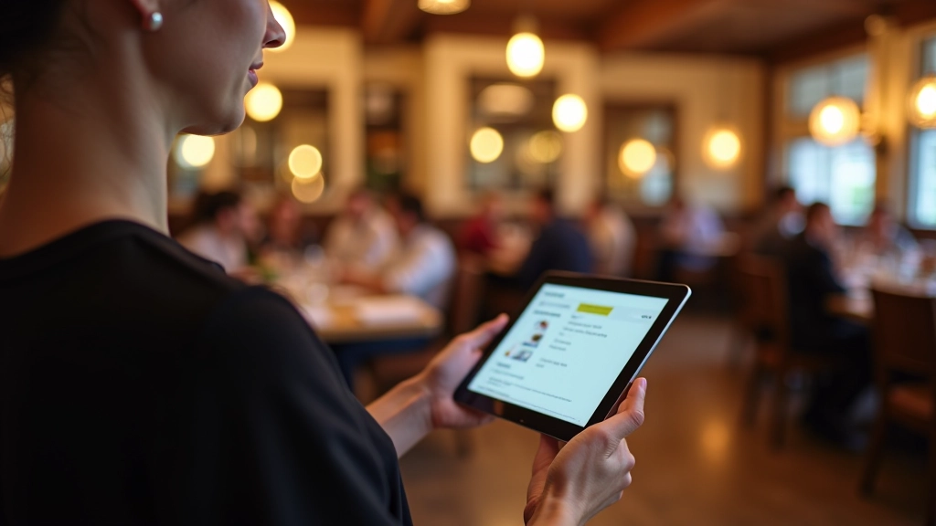 Restaurant manager controleert reserveringen op tablet terwijl gasten aan tafel zitten te eten