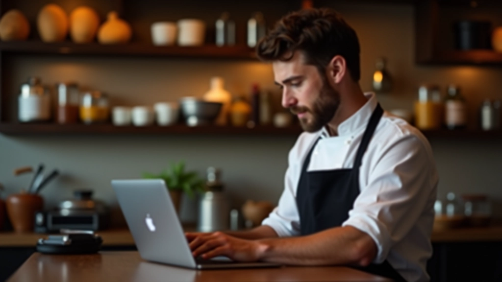 Restaurant eigenaar werkend aan laptop met website analytics op scherm