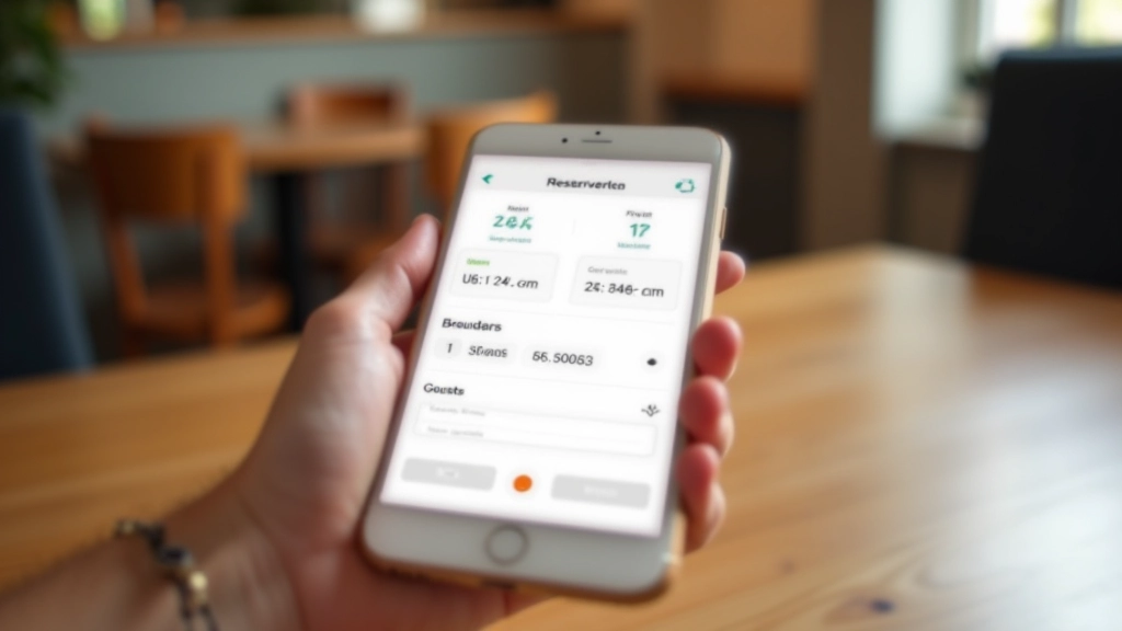 Smartphone scherm met reserveringsformulier voor restaurant met velden voor datum, tijd en aantal gasten