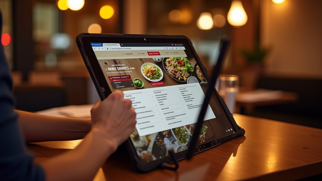 Tablet scherm met digitaal menu interface, goed uitgelichte foto's van gerechten